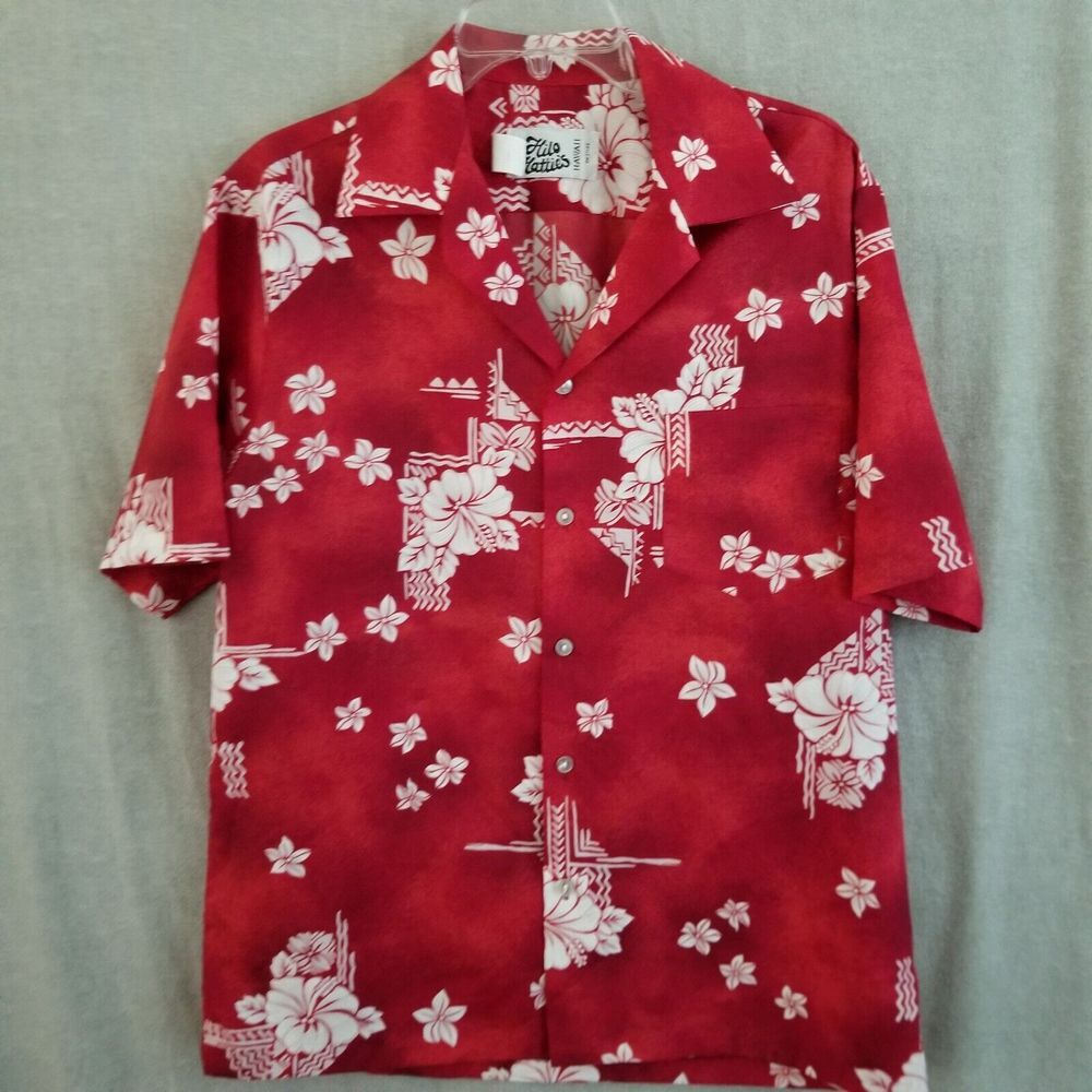 Hilo Hattie Hawaiian Shirt Mens Large Short Sleeve Polyester Hibiscus Red White
